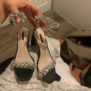 Top shop open toed studded satin black shoes